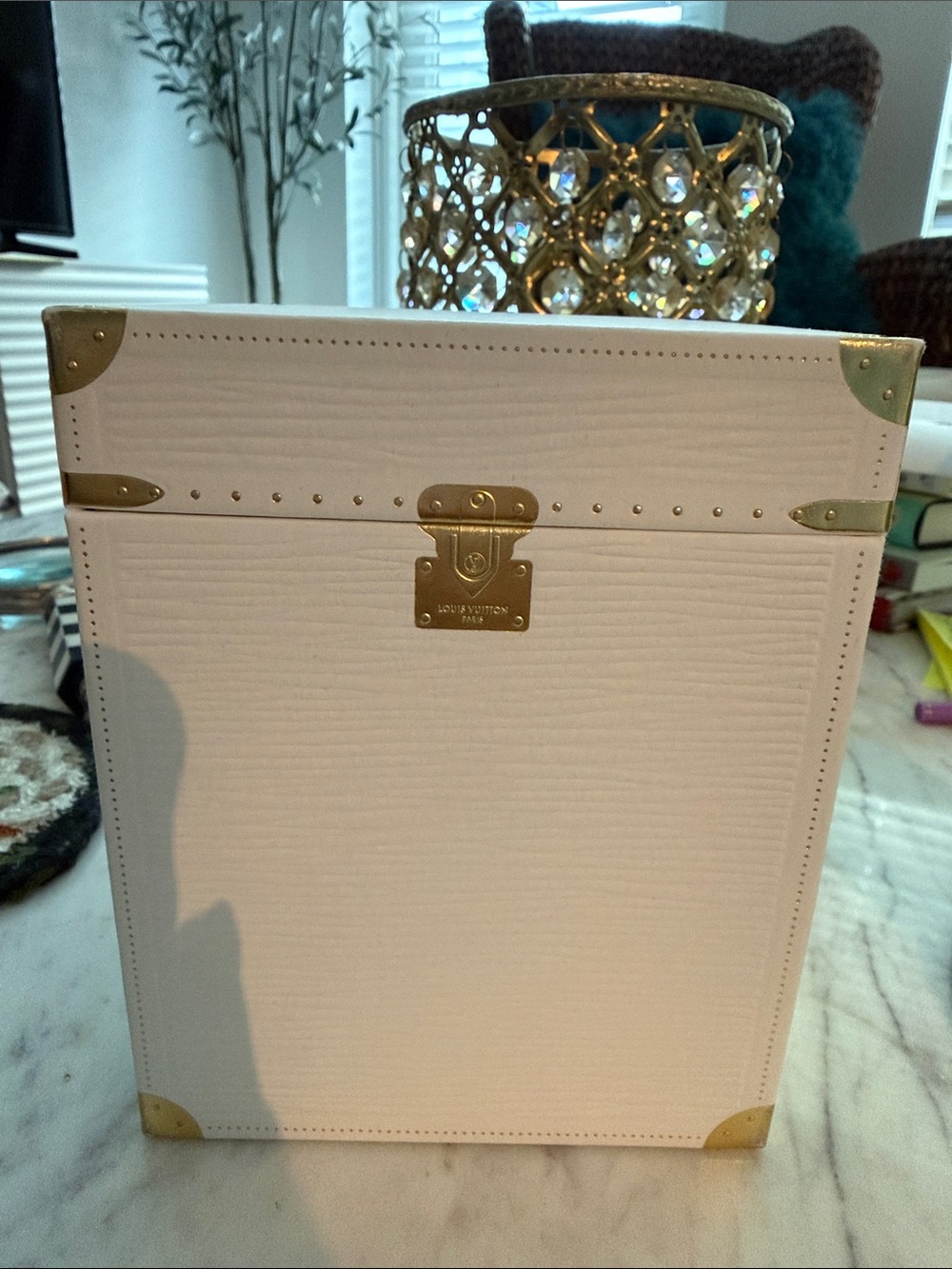 Louis Vuitton White Jewelry Trunk with Gold Hardware cardboard, snow globe box